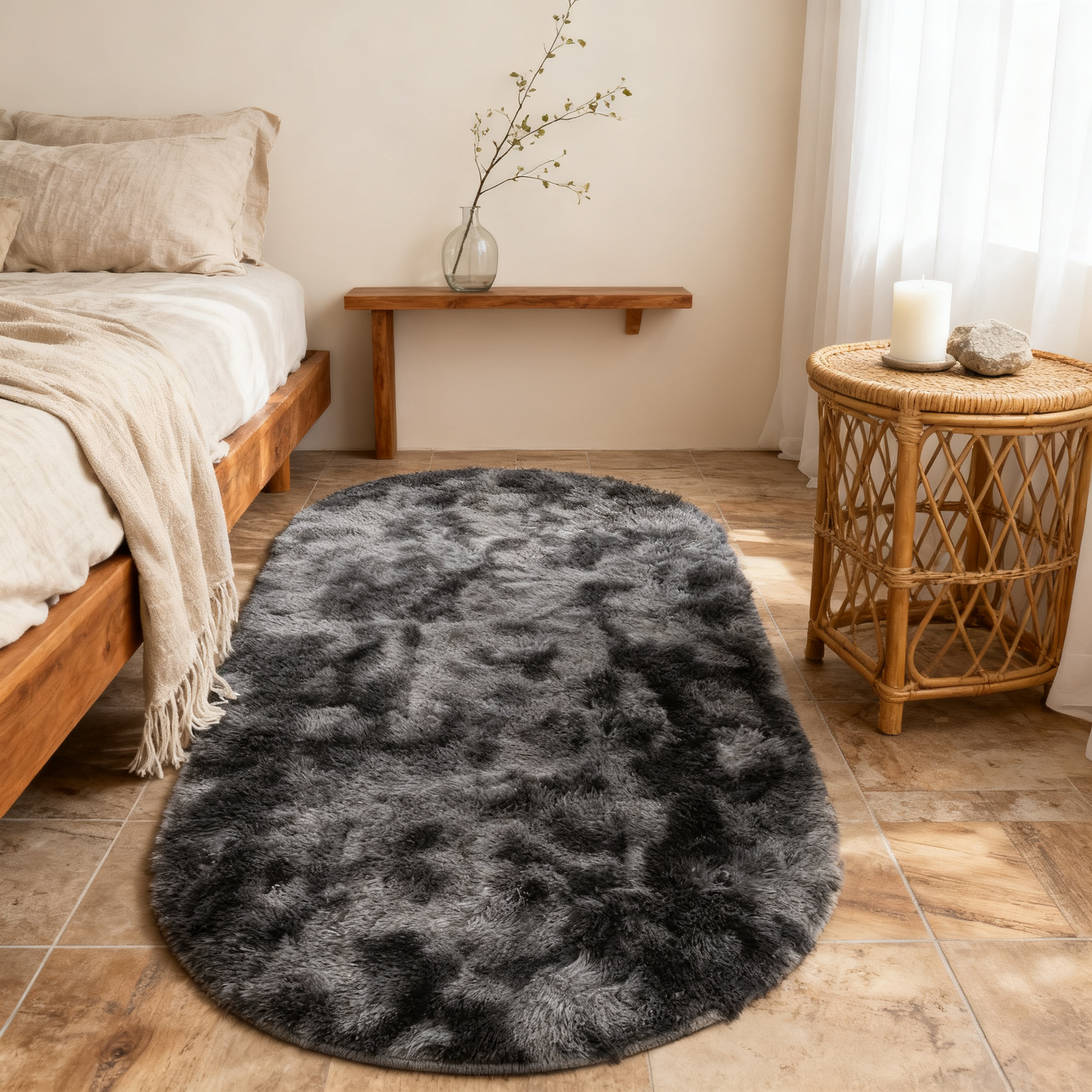 Oval Tie-Dye Area Rug, Dark Gray | 31" x 62" Ultra Plush Non-Slip Fluffy Carpet for Living Room, Bedroom & Entryway